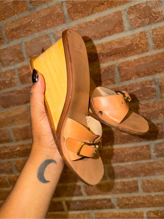 Coach Shoes - Coach Tan Leather Slide Sandals with Gold Buckle - Women